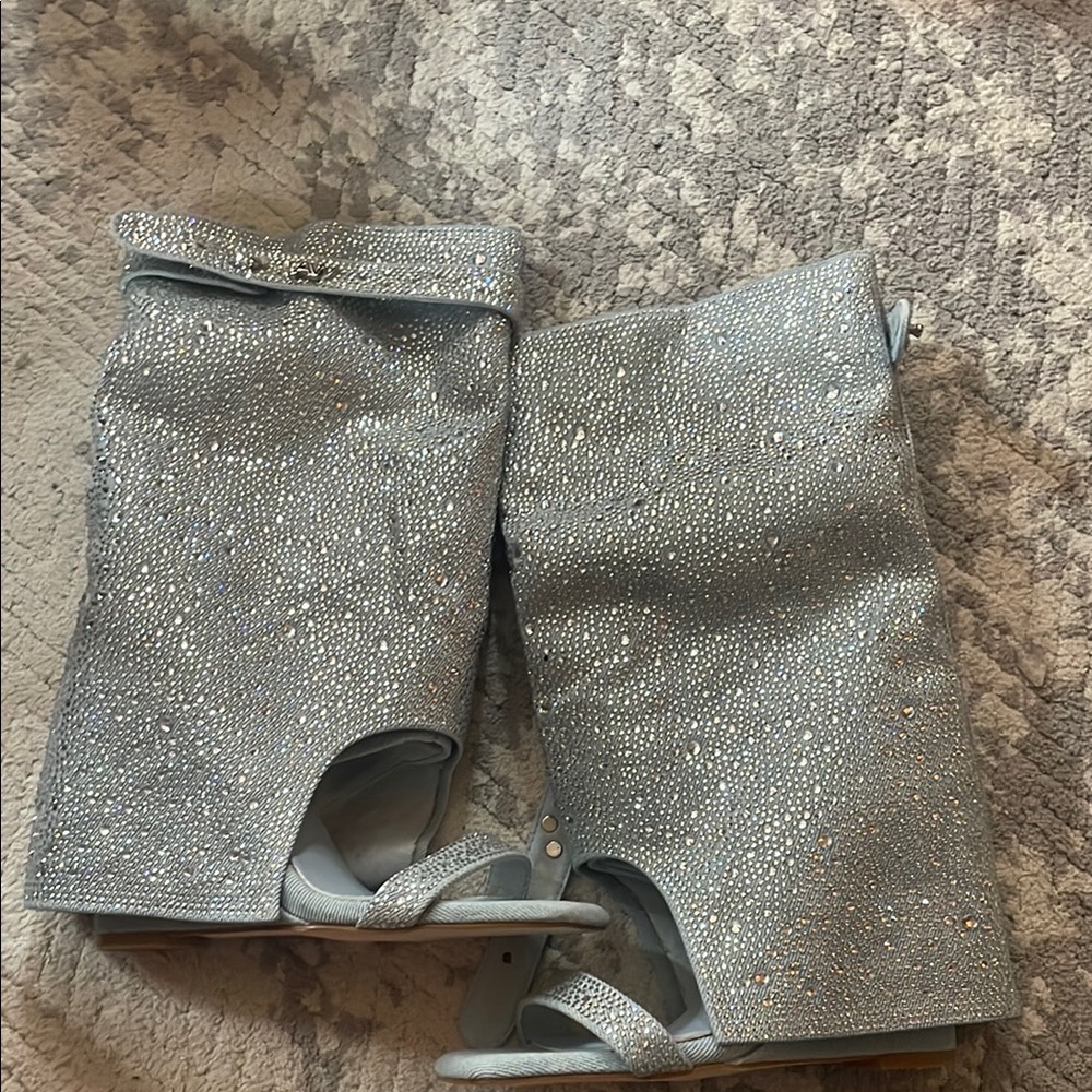Azalea Wang Desray Denim Sparkling Silver Open-Toe Boots